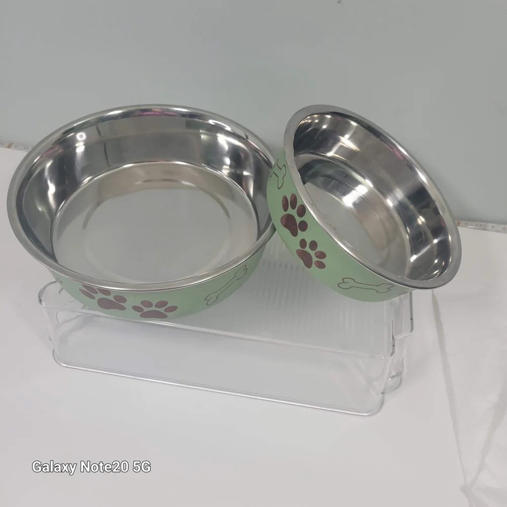 Stainless Steel Dog Bowls with Green and Red Paw Print Design